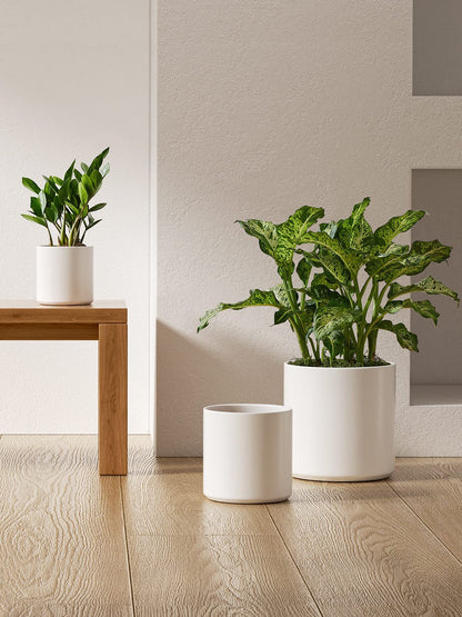 LE TAUCI Ceramic Pots for Plants, 10/8/6 Inch Indoor Planters with Draiange Hole, Silicone Plug & Mesh Pad, Modern Minimalist Pots for Home Office, Set of 3, Satin, White