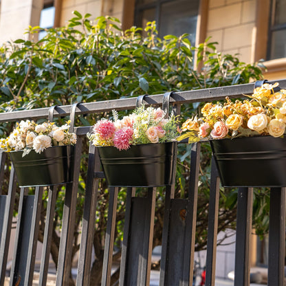 pansparade 3 Pack Metal Hanging Flower Pots for Railing Fence，Outdoor Balcony Rail Planter with Detachable Hooks Drainage Holes for Deck Garden Home Decor Black