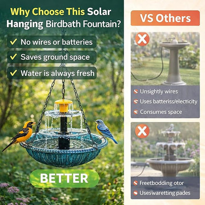 Solar Powered Hanging Bird Bath, Vibrant Blue Multi-Tier Waterfall Fountain for Outside, Easy to Hang Bird Oasis for Garden Decoration, Balcony, for Bird Lovers (Pink)