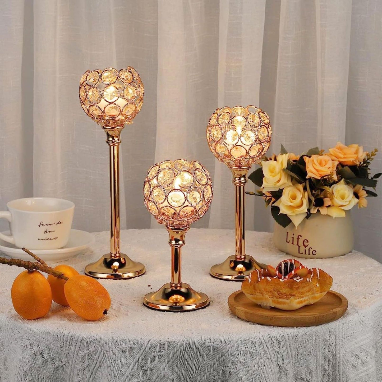 Candle Holder Candlestick Holders- 1Set Gold Crystal Pillar Candle Holders,Metal Candlestick Stands for Wedding Centerpieces,Table Decor for Church,Valentine's Day Housewarming Gift,3Pcs