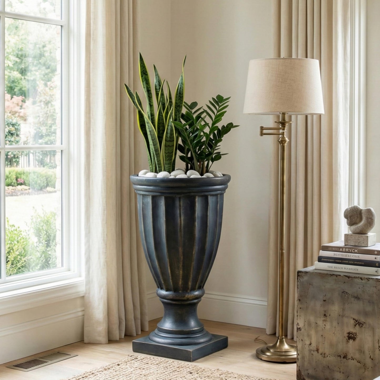 Christopher Knight Home 26.77 Inch Tall Fluted Pedestal Urn Planter MGO Outdoor Flower Pot Faux Stone Garden Planter for Patio Porch Entryway Decor, Antique Green
