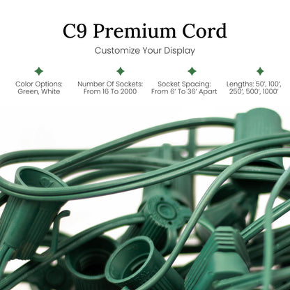 Christmas Designers Pro C9 Light Cord - 100 ft, 133 Bulb Sockets, 9in Spacing, Green Wire, Outdoor Holiday Decor
