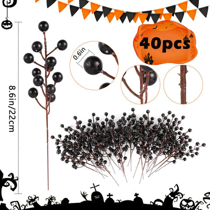 Rowfad 40 Pcs Artificial Berry Stems Branches, Halloween Black Faux Holly Berries Picks Ornaments for Christmas Tree Wreath DIY Craft Decorations Holiday Home Decor (40, Black)