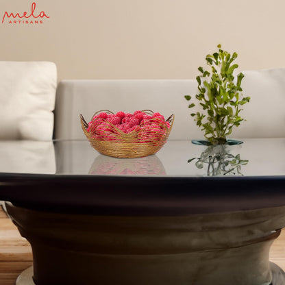 Mela Artisans 12 in Wide x 6 in Tall Gurez Valley Gold Metal Fruit Basket – Decorative Gold Wire Fruit Bowl for Kitchen Counter, Snacks, Flowers and Home Decor