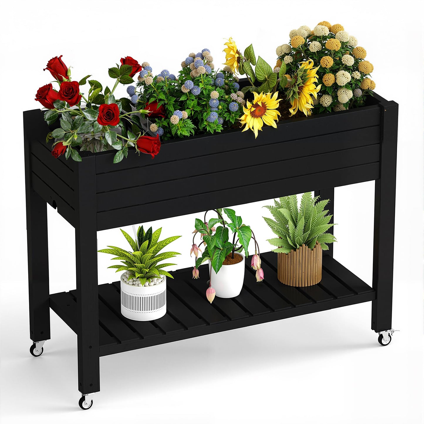 PatioZen Raised Garden Bed with Legs, 33.66" Tall Self-Watering Resin Planter Box with Lockable Wheels Drainage Plug and Gauge for Vegetables, Flowers, Storage Shelf for Tools and Accessories (Black)