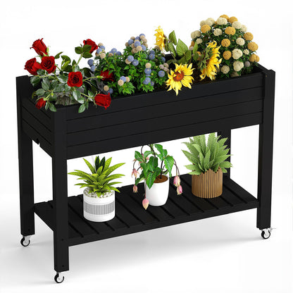 PatioZen Raised Garden Bed with Legs, 33.66" Tall Self-Watering Resin Planter Box with Lockable Wheels Drainage Plug and Gauge for Vegetables, Flowers, Storage Shelf for Tools and Accessories (Black)