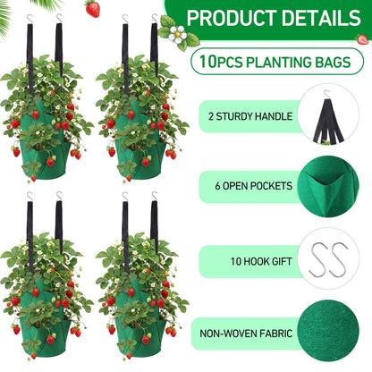SATINIOR 10 Pack Upside Down Strawberry Planter Set Hanging Vegetables Grow Bags with 10 S Hooks, 3 Gallon Fabric Planting Bags for Easy Vertical Gardening(Deep Green)