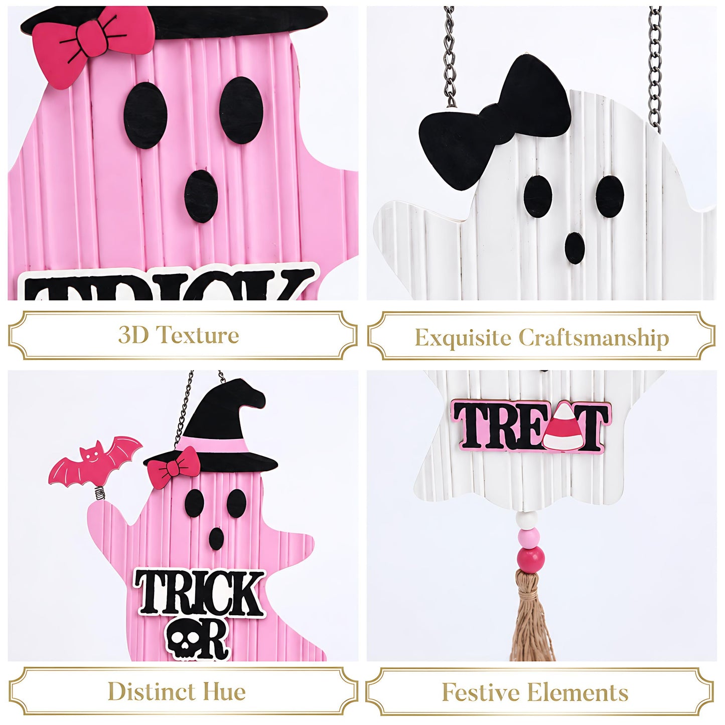 Valery Madelyn Pink Halloween Decorations, Cute Halloween Door Wreath Decorations, Ghost with Witch Hat Wooden Hanging Sign for Wall Window Door Handle, 22 inch