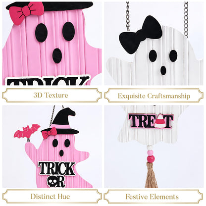Valery Madelyn Pink Halloween Decorations, Cute Halloween Door Wreath Decorations, Ghost with Witch Hat Wooden Hanging Sign for Wall Window Door Handle, 22 inch