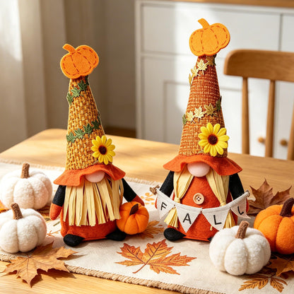 Ni-JASW Fall Plush Gnomes Set of 2, Farmhouse Sunflower Pumpkin Harvest Thanksgiving Swedish Tomte Autumn Elf Figurines Tiered Tray Decor