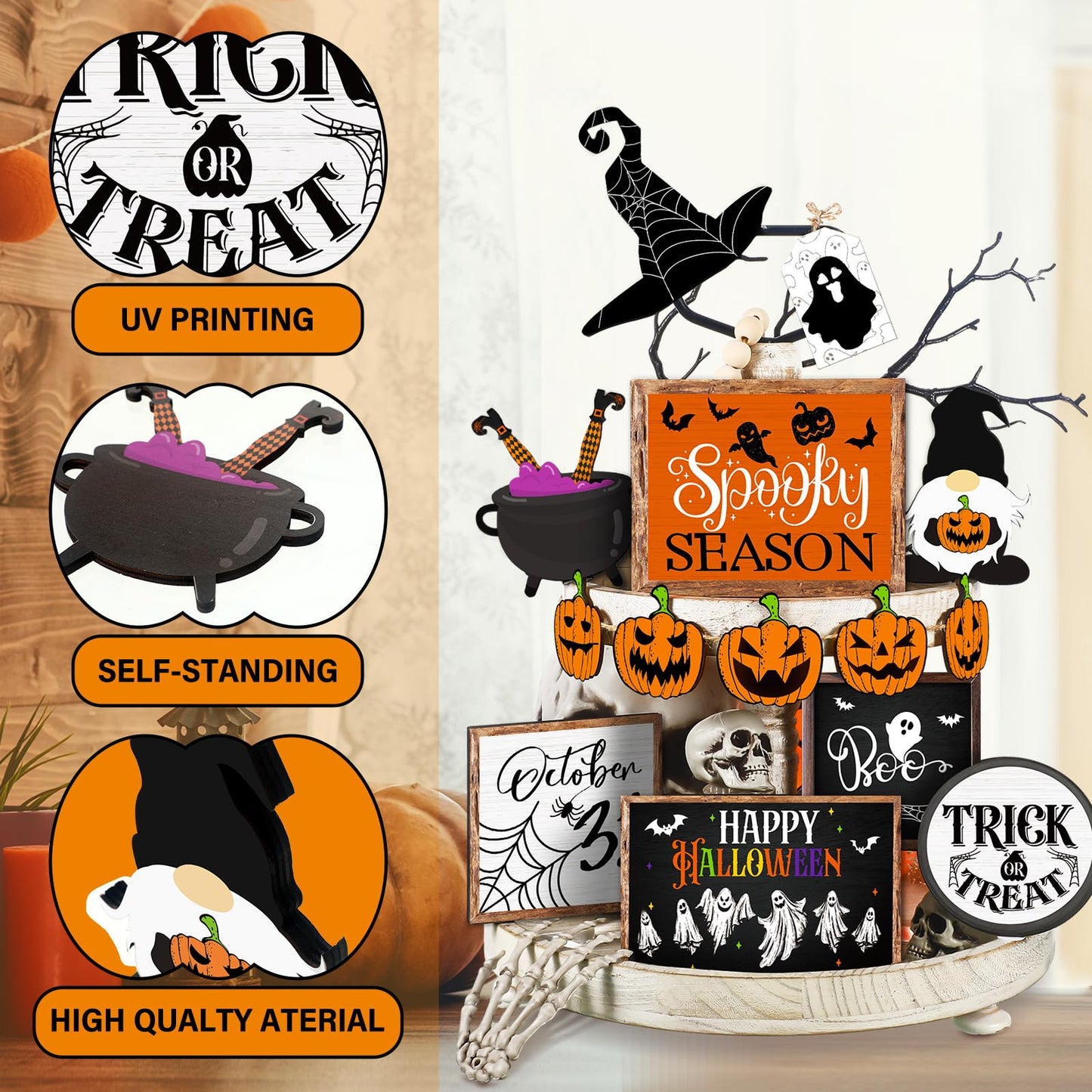 14 Pcs Halloween Tiered Tray Decor Set Cute Halloween Wooden Signs Rustic Pumpkin Farmhouse Gnomes Boo Wizard Trick or Treat Blocks Table Sign for Party Favors