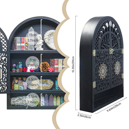 FNYDOX Large Crystal Display Shelf for Wall, Crescent Moon Phase Shelf Wall Decor, Wooden Arch Shelf, Tree of Life Crystal Holder Organizer, Cabinet for Gem Stone Rock, Spiritual Home Room Decor