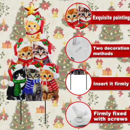 Cute cat Garden Insert, Christmas Art Decoration Yard Sign, Santa hat-Wearing Post, cat Stacking Fun Christmas Tree-Shaped pet Post, Outdoor Lawn Decoration