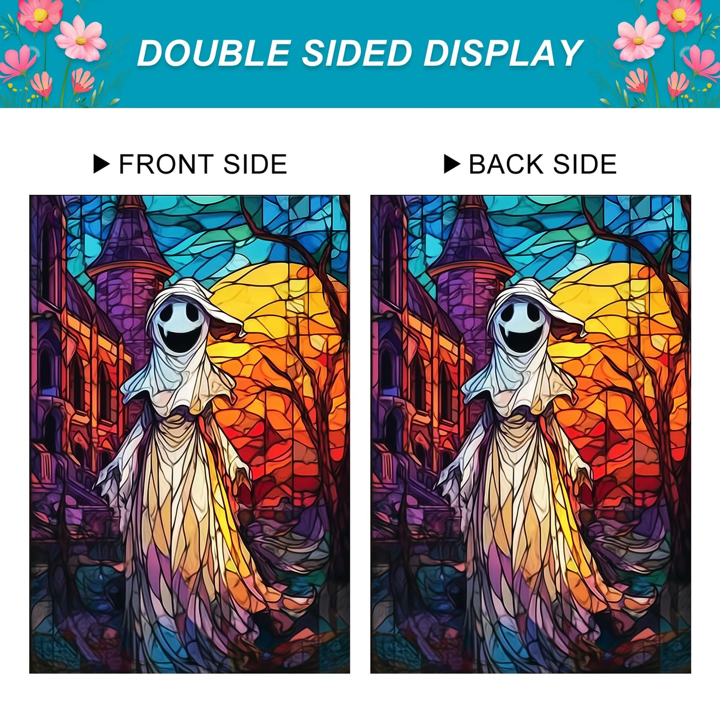 BlissYard Spooky Ghost Halloween House Flag 28 x 40 Inch Double Sided Stained Glass Church Sunset Fall Garden Flag Banner Background for Autumn Porch Yard Outdoor Decor Holiday House Flags