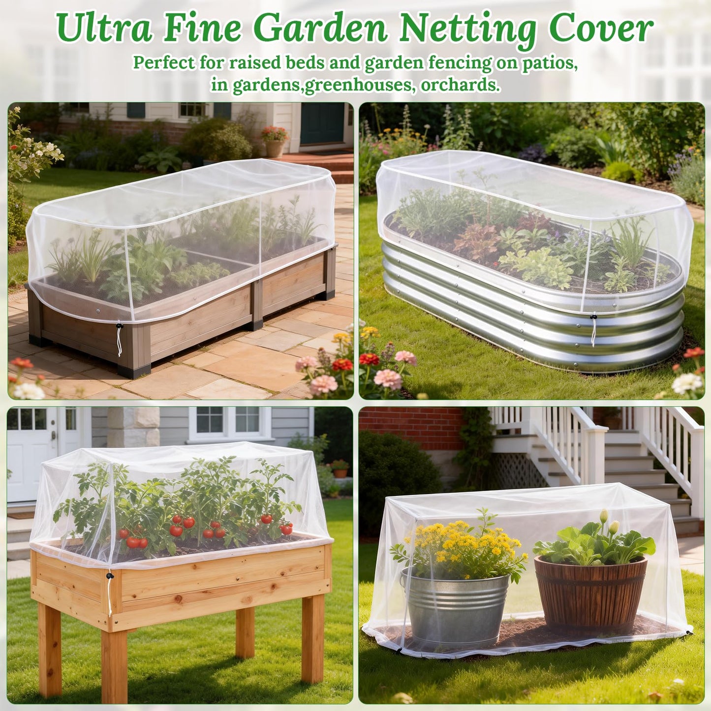 2 Pack Garden Netting for Raised Beds, 4.3x2FT Durable Ultra Fine Mesh Plant Covers with Drawstring to Keep Small Animals Pest Out,Raised Bed Bird Barrier Screen for Protecting Fruits Vegetables Crops