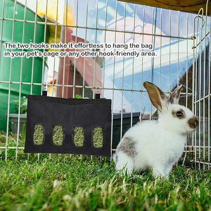 Rabbit Hay Feeder - Large Capacity Oxford Cloth Hanging Hay Bag - 4 Holes - 1 Pcs (Black)
