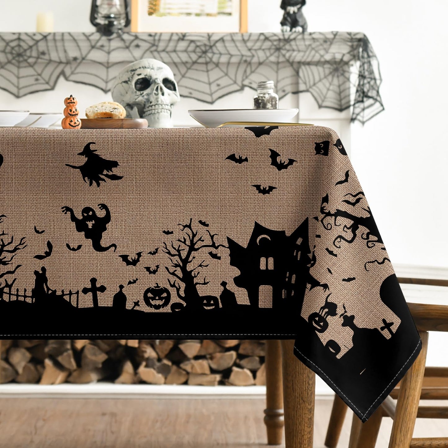 Horaldaily Halloween Tablecloth 60×84 Inch Rectangular, Castle Tree Scary Themed Beige Washable Table Cover for Party Picnic Dinner Decor