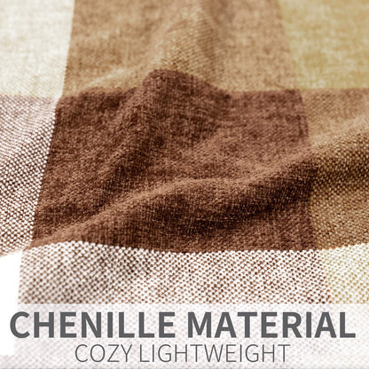 RECYCO Buffalo Paid Chenille Throw Blanket for Couch, Soft Cozy Decorative Buffalo Check Blanket Throw with Tassels for Bed Sofa, Lightweight Chenille Knitted Throw, Plaid Brown Off White, 50'' x 60''