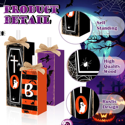 3 Pcs Boo Halloween Sign Wooden Tiered Tray Decor, Witch Black Cat Cross Coffin Table Decor 3D Carving Craft Halloween Decorations Party Tabletop Centerpieces for Home Kitchen Indoor Mantel