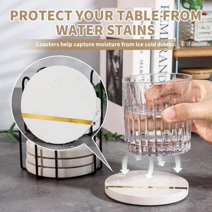 LiWiBet White Marble Coasters for Drinks with Holder Set of 4, Round Stone Coasters 3.94 Inches Elegant for Home Bar & Coffee Table Accessories Office Kitchen & Dining, Home Decor & Protection