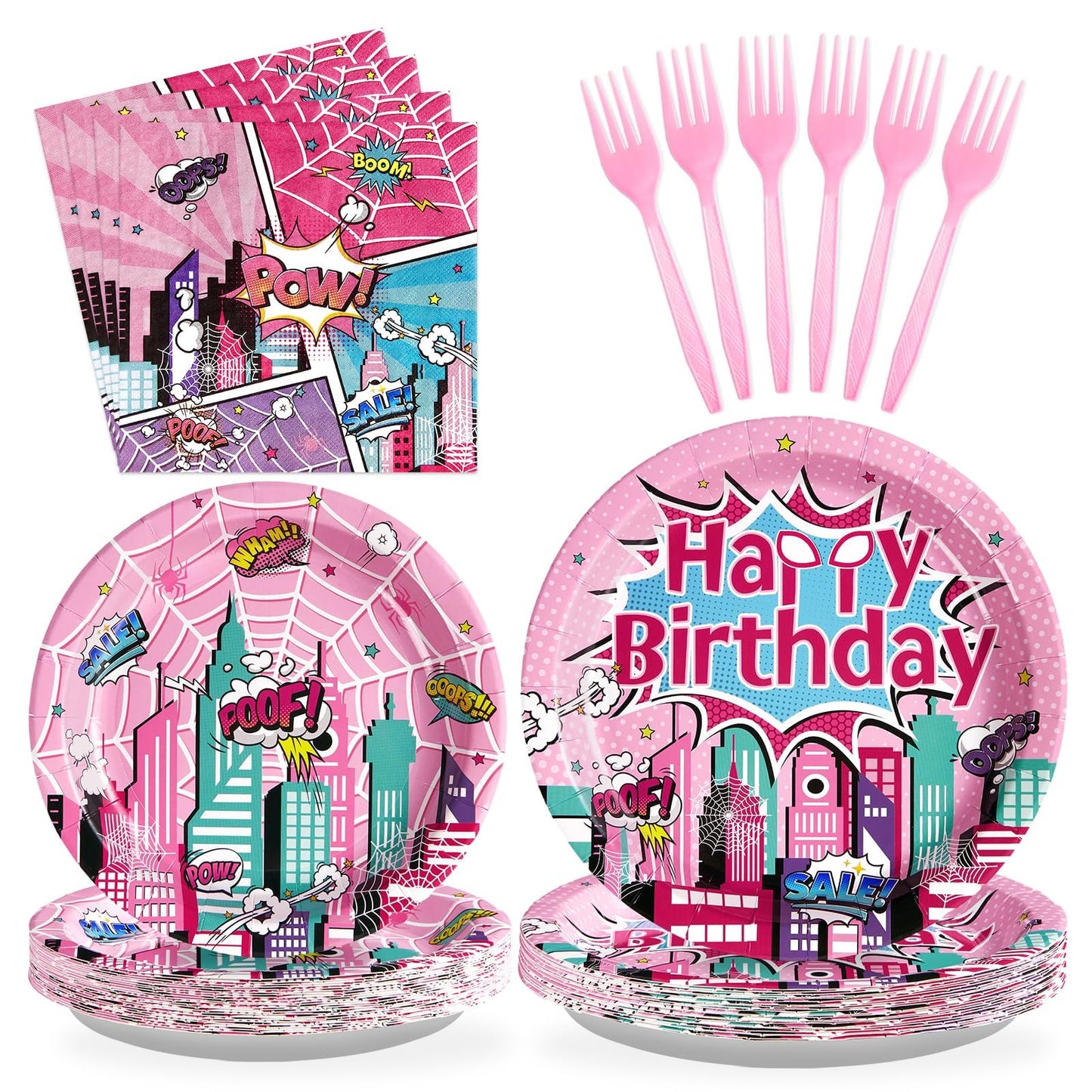 Grencian 96 Pcs Pink Spider Birthday Party Supplies Super Girl Hero Paper Plates and Napkins Spider Pink Ghost Decorations Tableware Set for Girls Birthday Baby Shower Serves 24