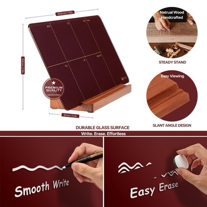 Desk Weekly Glass Dry Erase Board with Detachable Wood Stand, Burgundy Red, Small Desktop Calendar to Do List Planner Whiteboard 12x6 for Office, Home, Schools, Marker&Eraser Included, Yeoux