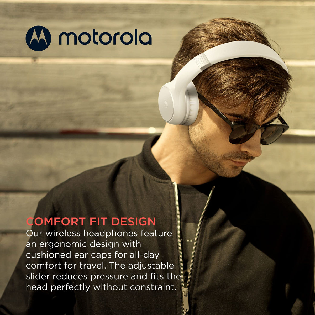 Motorola Sound Moto XT220 Bluetooth Wireless Headphones with Microphone, in-Line Control for Calls - Foldable Over-Ear Head Phones, Adjustable Headband, Dynamic Bass, Clear Sound - White