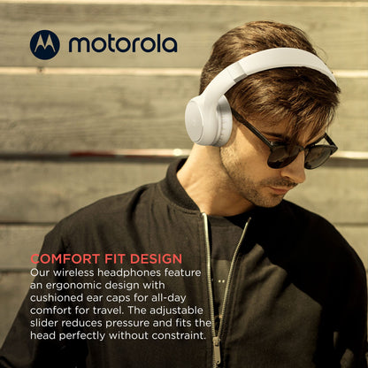 Motorola Sound Moto XT220 Bluetooth Wireless Headphones with Microphone, in-Line Control for Calls - Foldable Over-Ear Head Phones, Adjustable Headband, Dynamic Bass, Clear Sound - White