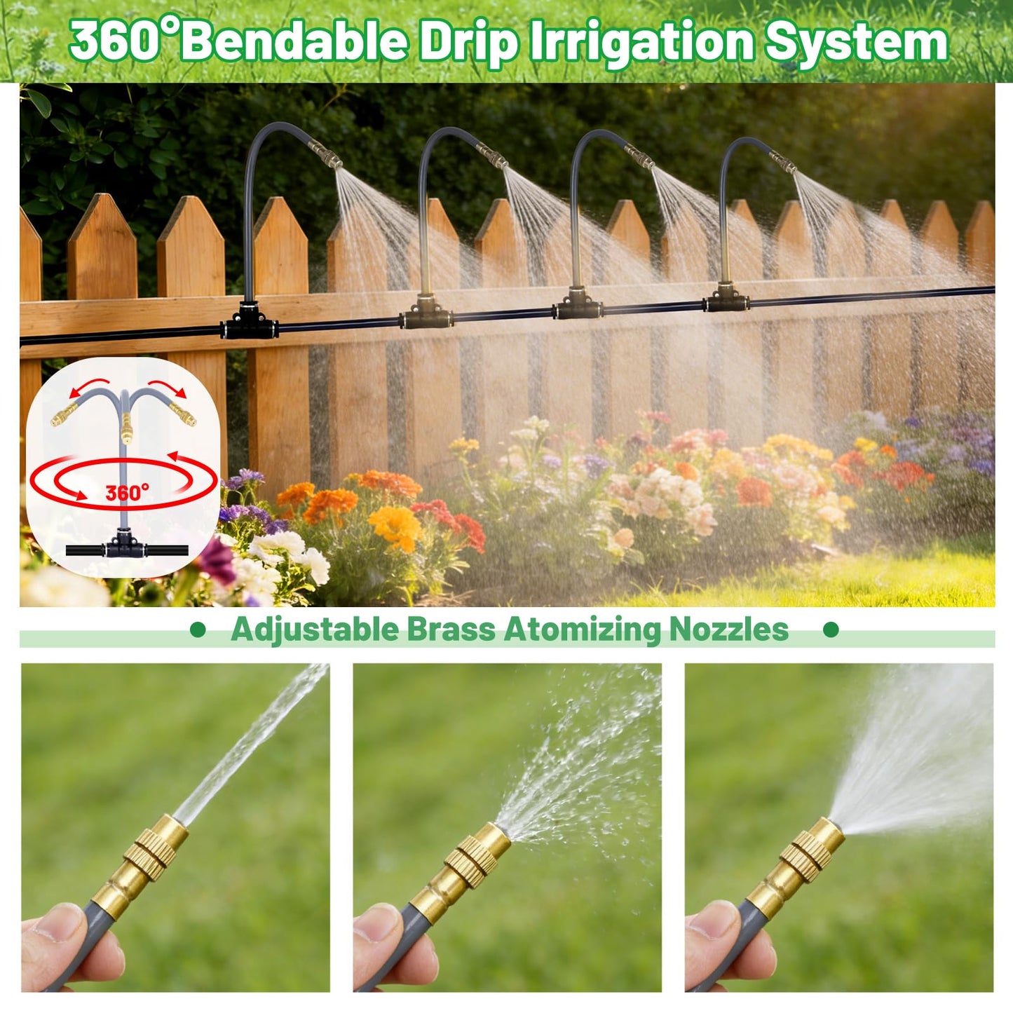 360° Adjustable 1/4" Drip Irrigation System,Bendable Watering Misting Irrigation System, Garden Watering Atomizing System with 15 Nozzles, Automatic Irrigation System for Garden