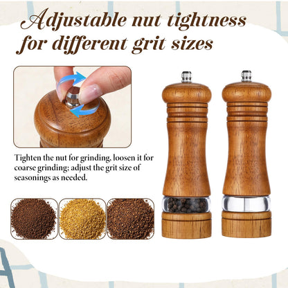 MySHUCE 2 Pack Wooden Salt and Pepper Grinder With Salt & Pepper Mill Tray, Adjustable Ceramic Grinding Rotor Manual Spice Grinder Refillable Salt Mill Sets with Acrylic Visible Window for Home Cooks