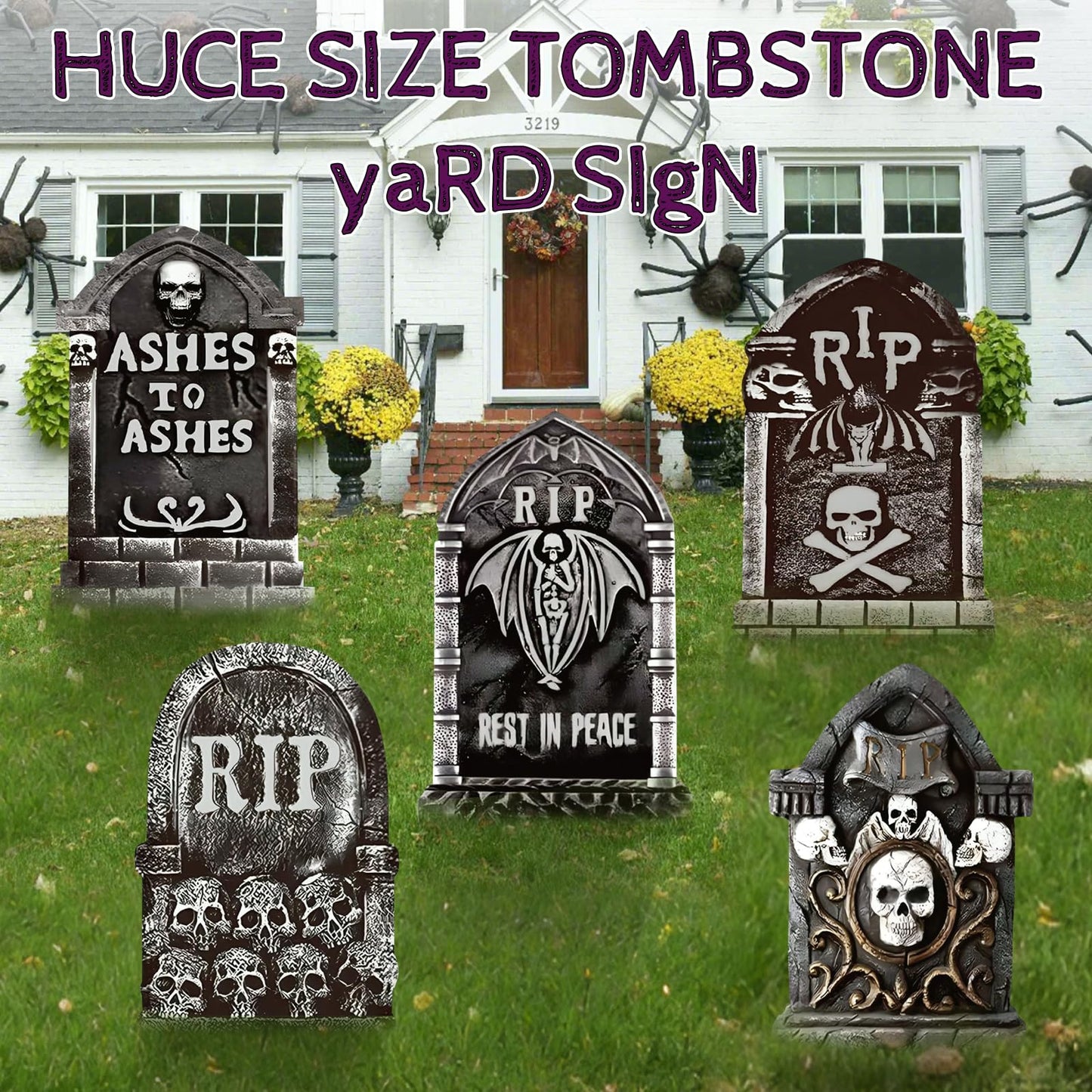 17inch Halloween Tombstones Decorations 5PCS Halloween Graveyard Decoration Outdoor, Plastic Halloween Gravestones Headstone Yard Signs