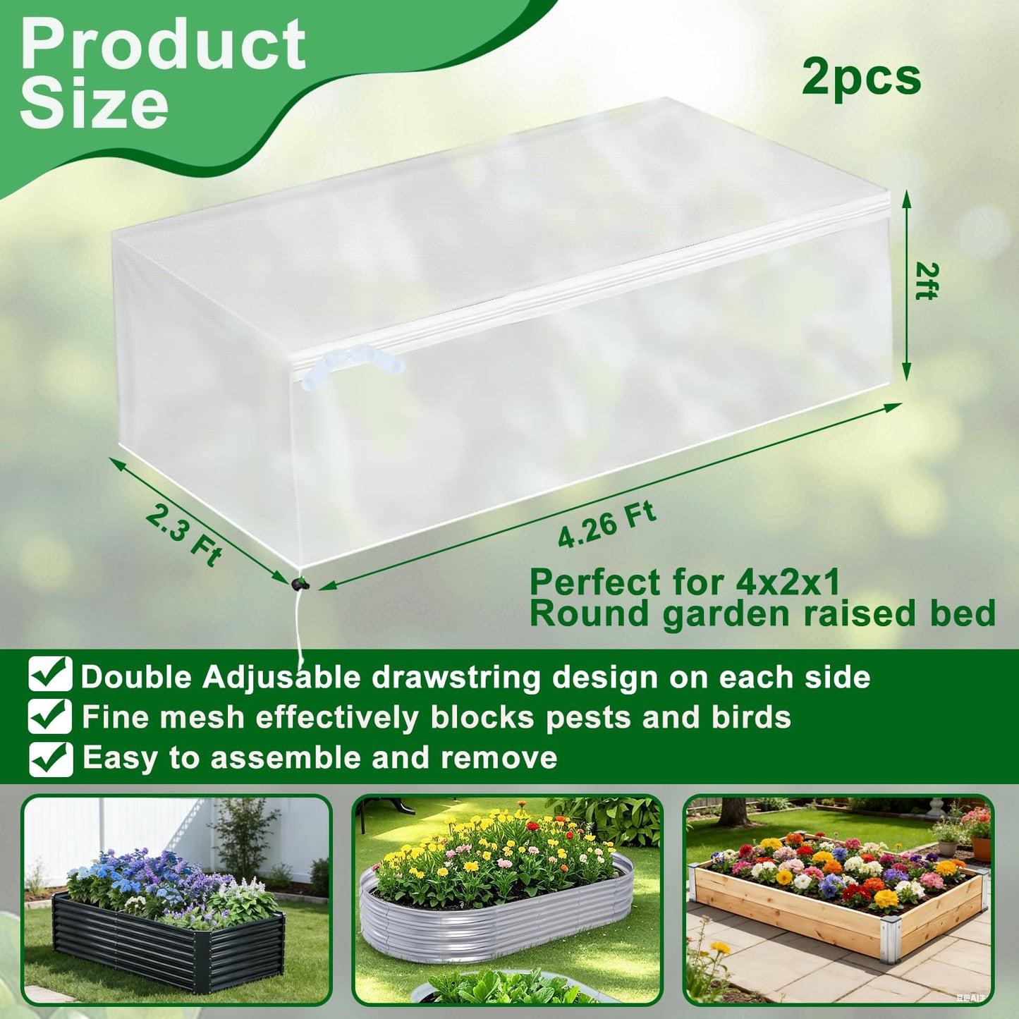 2 Pack Garden Netting for Raised Beds, Fine Mesh Bird Netting Barrier Screen with Zipper Drawstring Garden Bed Plant Cover for Protect Vegetable Fruits Crop from Animals Pest Insect, 4.3×2.3×2Ft