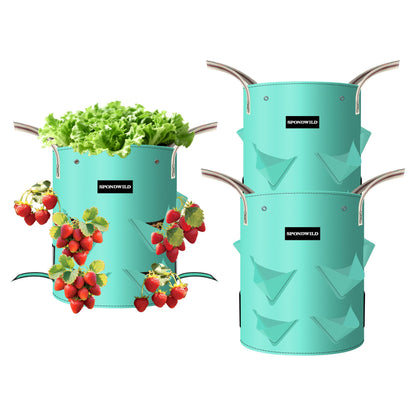 SPONDWILD 3 Pack 20 Gallon Strawberry Grow Bags, Heavy Duty Reusable PE Pots with Breathable Window, Branch & Drainage Holes, Reinforced Handles for Strawberries, Veggies, Flowers, Balcony/Patio Use