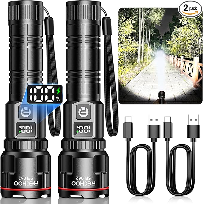 RECHOO Rechargeable Flashlights 2 Pack, Super Bright High Lumens LED Flashlight with LCD Digital Display, 3 Lighting Modes & Zoomable Torch Lights for Home Camping Hunting Emergency
