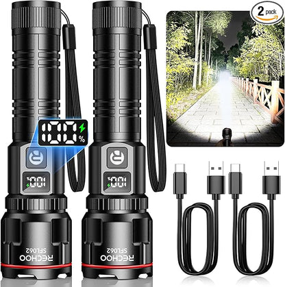 RECHOO Rechargeable Flashlights 2 Pack, Super Bright High Lumens LED Flashlight with LCD Digital Display, 3 Lighting Modes & Zoomable Torch Lights for Home Camping Hunting Emergency
