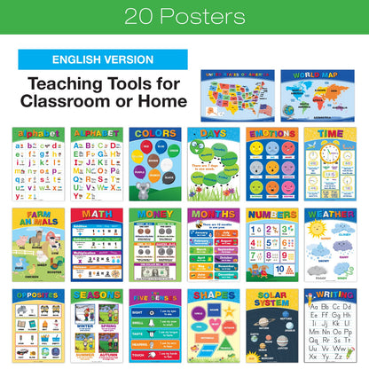Global Printed Products, 20 Large Educational Posters For Kids (16.5x12 Double Sided English/Spanish) Alphabet Colors Letters Numbers Shapes Months Days Weather Time Animals Solar System Seasons Map