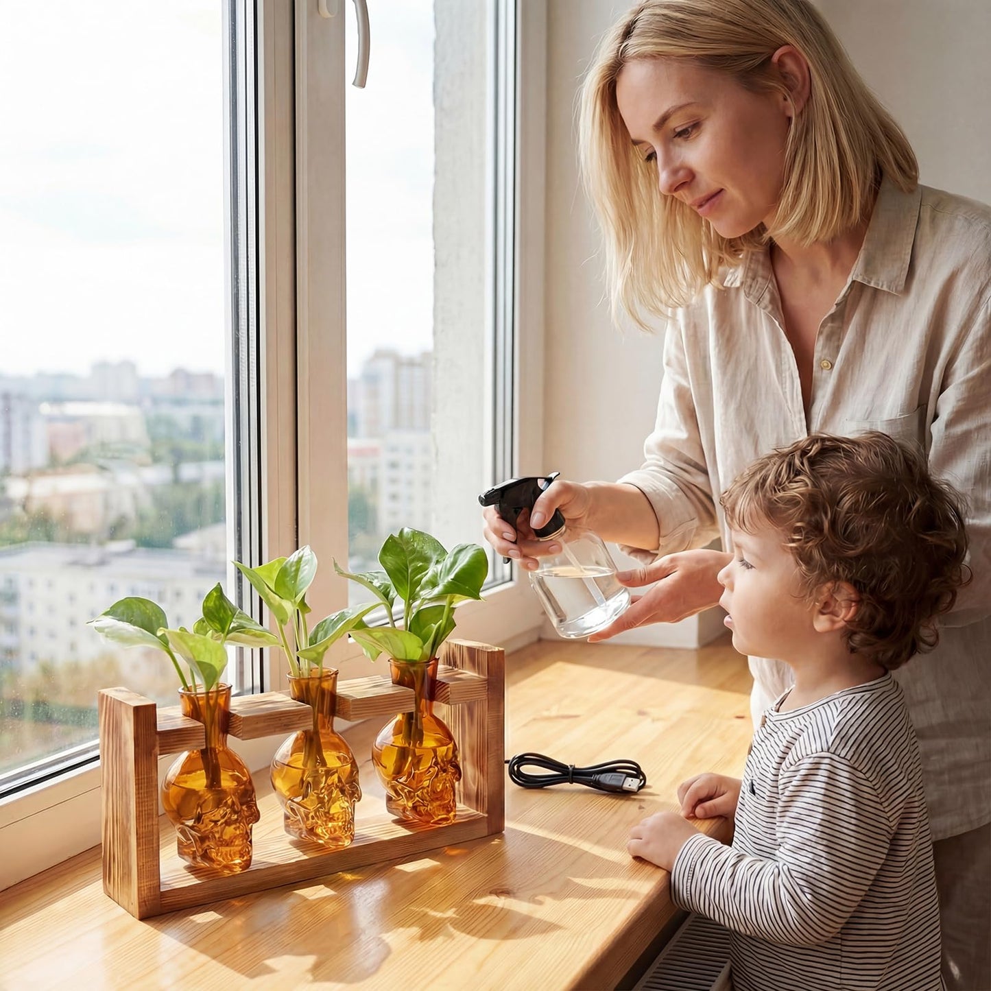 Skull Plant Propagation Station with LED Lights - Halloween Decor Skull Planter, Hydroponics Pot for Office, Unique Gifts for Women & Plant Lovers(Amber)