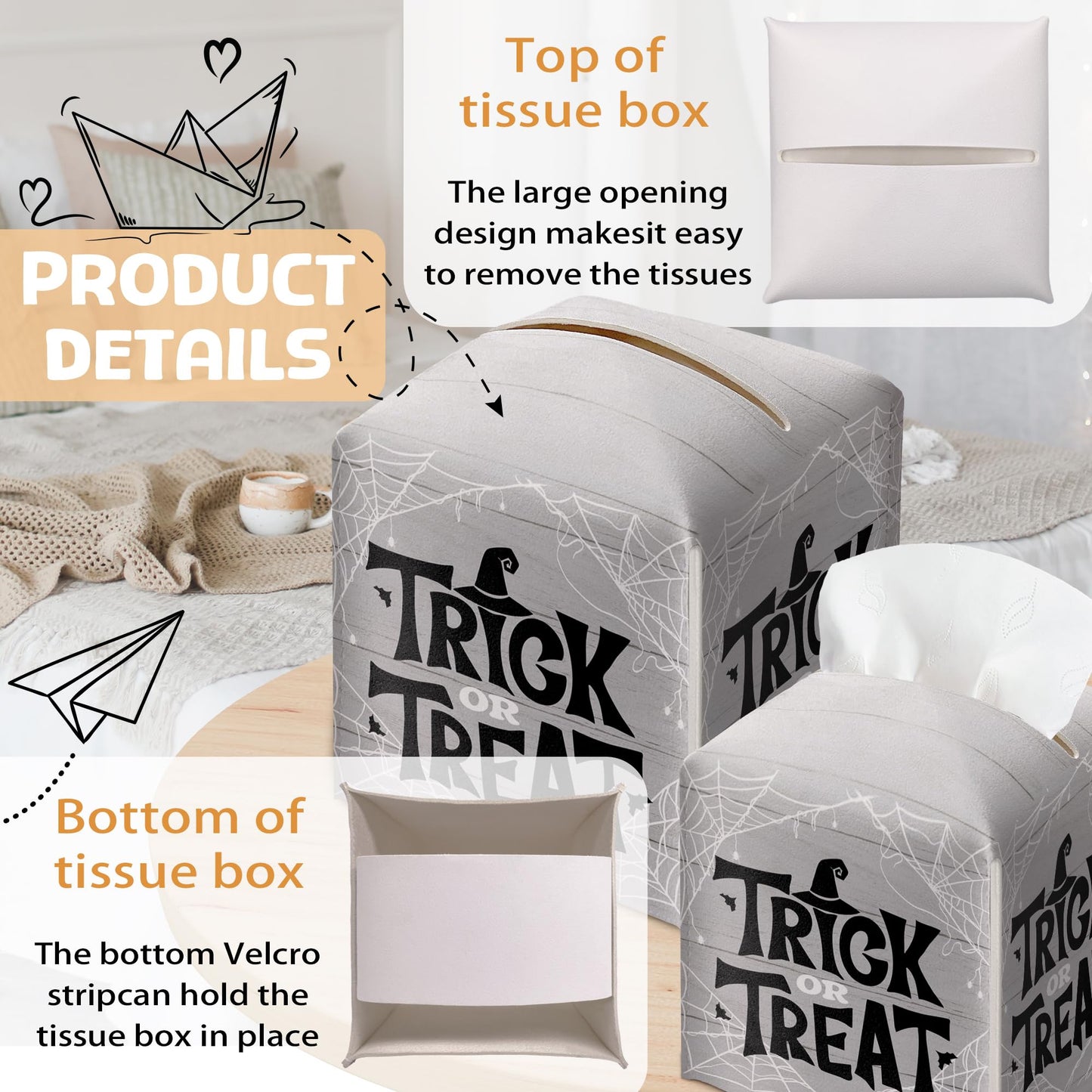 Halloween Trick Or Treat Tissue Box Holder, Spider Web Grey Leather Tissue Box Cover Square, Facial Paper Organizer Dispenser Toilet Paper Holder for Bathroom Kitchen Office Home Decor-A09