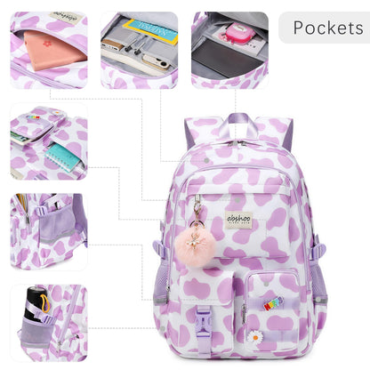 abshoo School Backpack for Girls Bookbag with Lunch Bag Teen Girls School Bag Travel Daypack (Cow Print Purple)