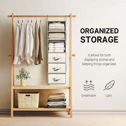 Vailando 6-Shelf Hanging Closet Organizer with 3 Drawers, 6-Shelf Inseparable Closet Organizers and Storage for Wardrobe Organization, Hanging Dresser for Nursury & Dorm Clothes Organizer, Beige