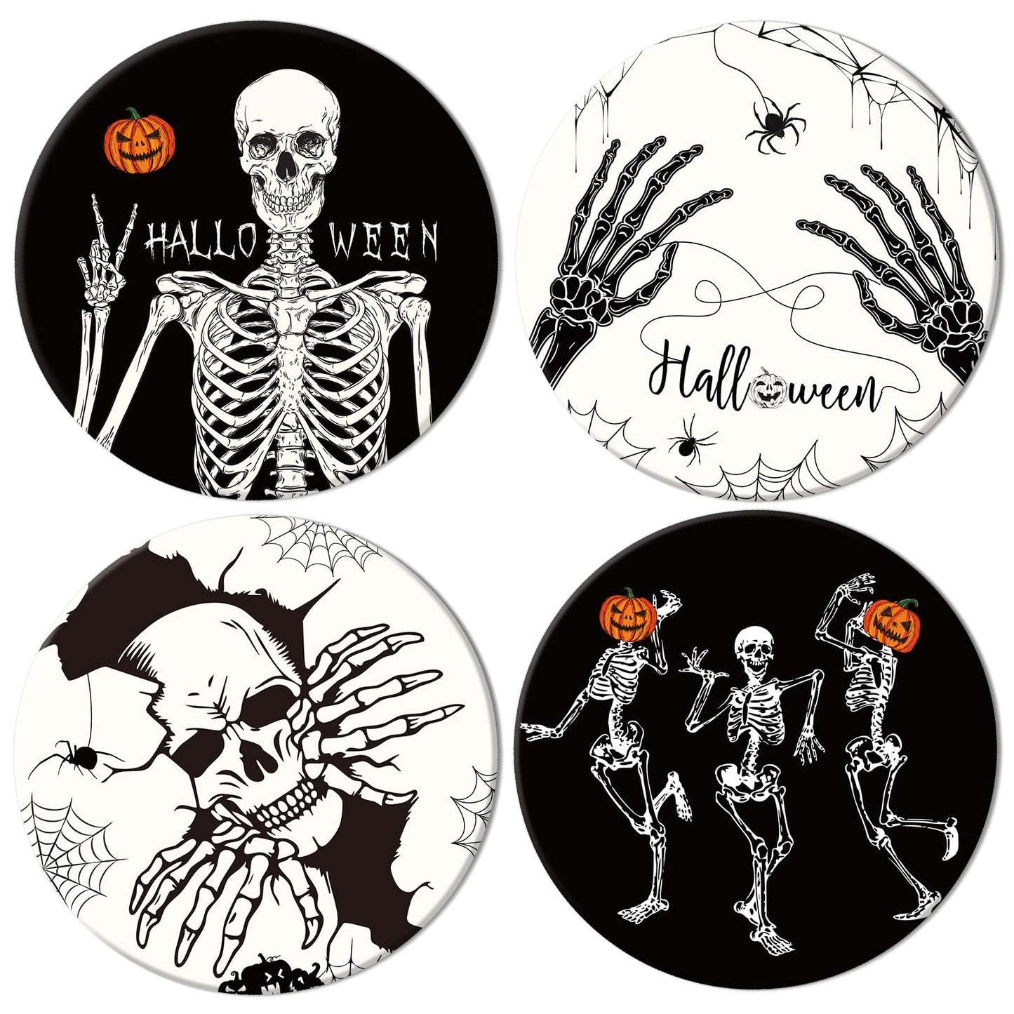 Whaline 4Pcs Halloween Ceramic Coasters Skeleton Pumpkin Drink Coasters Absorbent Cup Mat for Mug Cup Home Kitchen Party Table Decor
