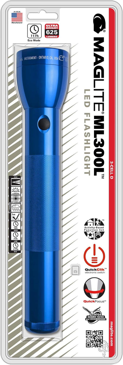 MagLite Battery-Powered LED Flashlight – ML300L 3-Cell D Flashlight with Adjustable Focus, Precise Beam, Long Battery Life, Water-Resistant for Emergency, Outdoor, and Camping