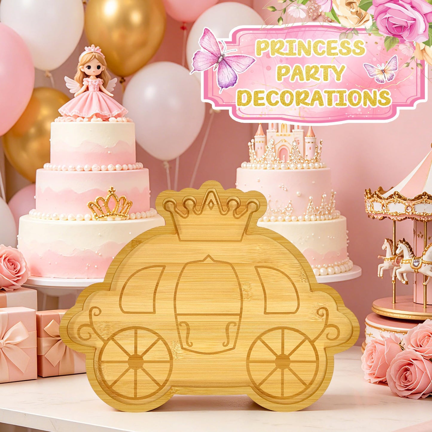 1 Pcs Princess Birthday Party Decorations Wooden Pumpkin Carriage Charcuterie Board Once Upon a Time Party Supplies Platter for Tabletop Reusable Food Trays for Sweet Baby Girls Birthday Party Favors