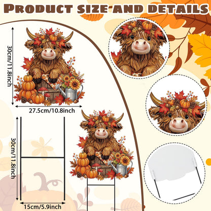 Amyhill Fall Highland Cow Outdoor Decor Autumn Harvest Highland Cow Metal Garden Stakes Fall Pumpkin Maple Leaves Farmhouse Outdoor Yard Signs for Home Lawn Porch Patio Thanksgiving Decor