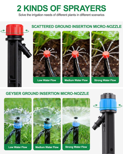 IRRIGARDENER Drip Irrigation System for Garden, Automatic Garden Watering System with 115FT 1/2” & 1/3” Tubing, Dual Faucet, Adjustable Nozzle Emitters for Garden, Greenhouse, Lawn, Potted Plants