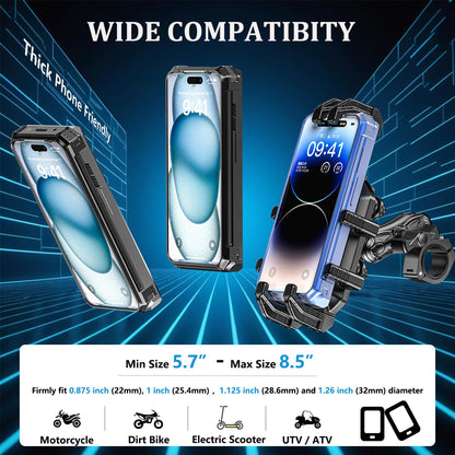 LOKTENWO Motorcycle Phone Mount with Vibration Dampener & Secure Lock, [Size Adjustable] [Larger & Thicker Phones Friendly ] Handlebar Cellphone Holder for ATV Scooter for 5.7''-8.5'' Smartphone