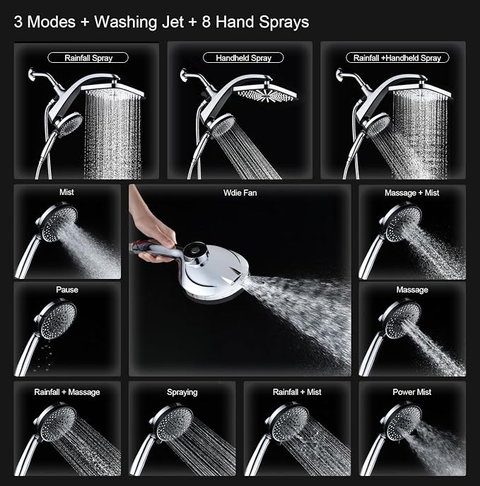 BOZYBO Rain Shower Head with Handheld: High Pressure Shower Heads with Handheld Spray Combo, 12" Rainfall Shower Head and 9 Sprays Hand Showerheads with Magnetic Docking and Power Jets, Chrome 1.75GPM