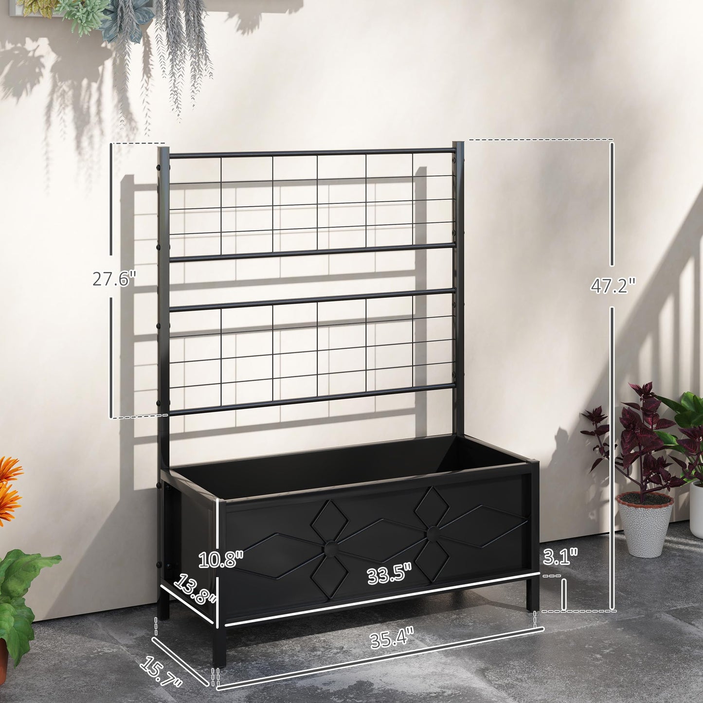 Outsunny Planter Box with Trellis, 35.4 x 15.7 x 47.2 inch Raised Garden Bed with Drainage Holes, Planters for Outdoor Plants, Vegetables, Flowers, Herbs, Trellis Planter, Black