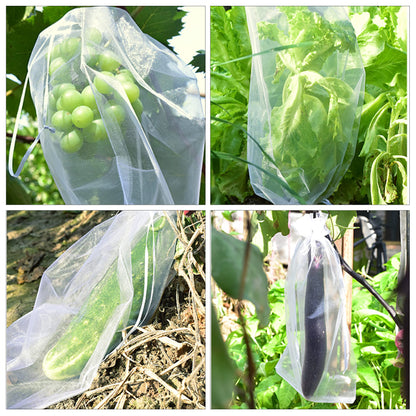 8x12 Inch 100 Pcs Penetrating Light Fruit Protection Bags- Organza Fruit Netting Barrier Bags,Garden Plant Fruit Mesh Bags with Drawstring