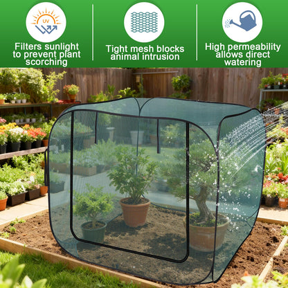 RGQSUN 1Pcs 47 x 47 x 43in Pop-up Garden Mesh Plant Cover,Large Pest Guard Cover,Plant Gardening Net Cover with Zip and Stakes for Protecting Vegetable Fruits Plant from Birds Insects